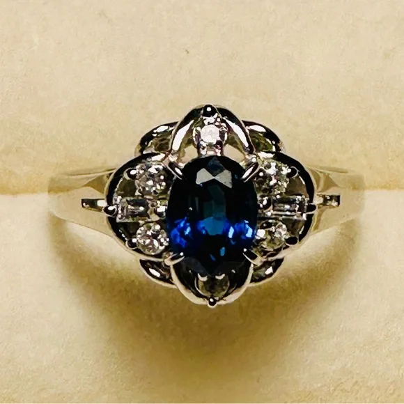 Platinum Natural Blue Sapphire & Diamond Jewelry Women Engagement Ring Size 4.9